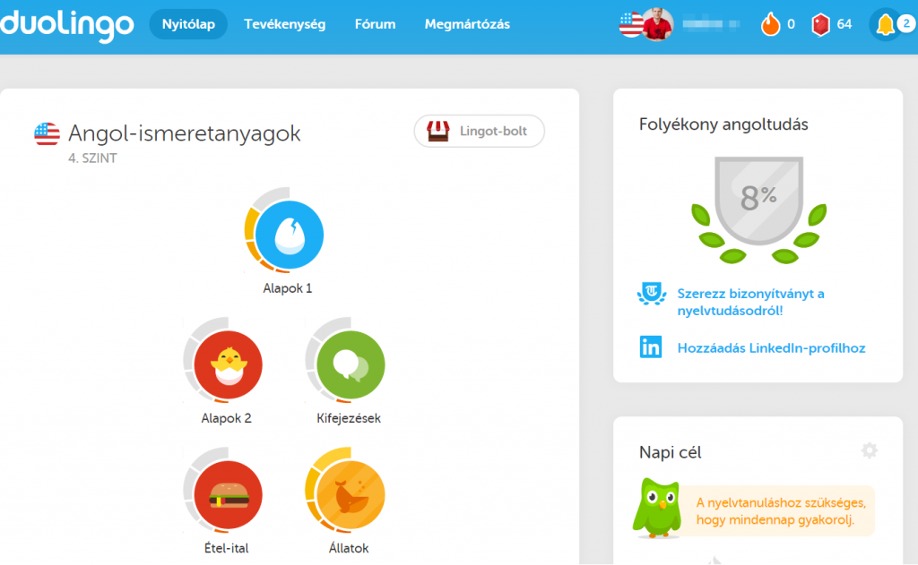 Duolingo nyitóképernyő